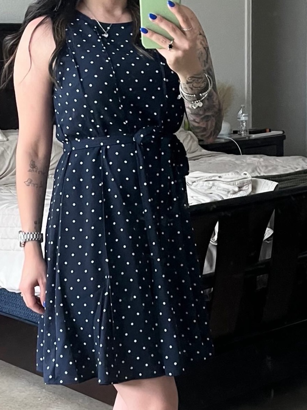 Ann Taylor Navy and White Polka Dot Sleeveless Belted Dress